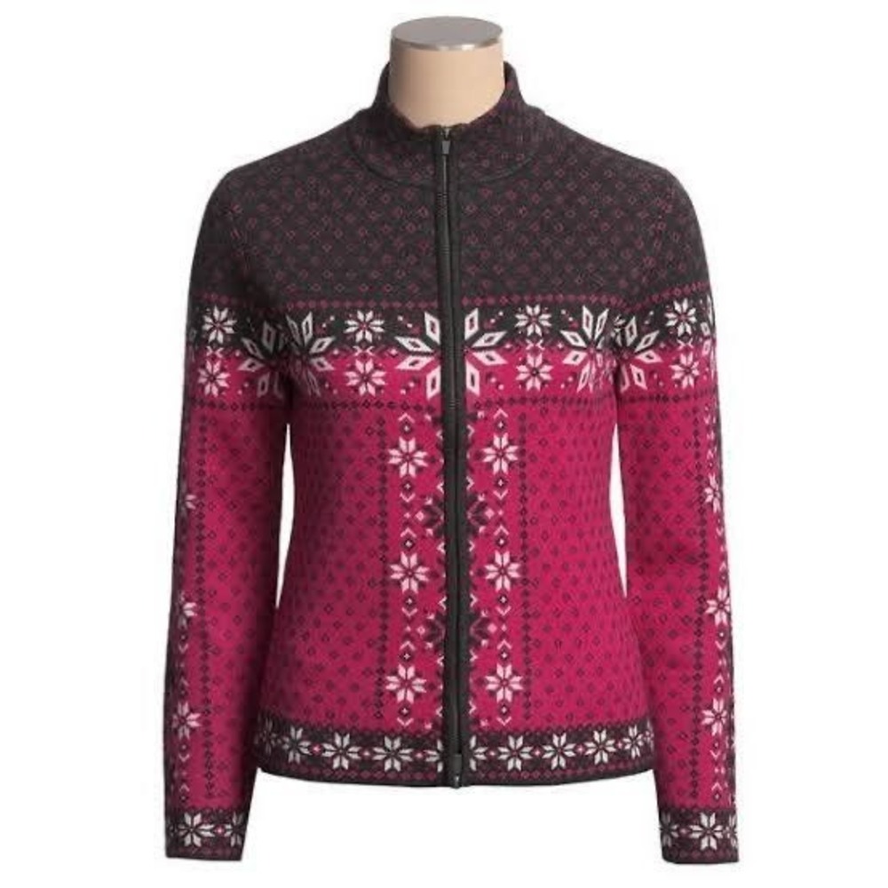 Neve Womens 100% Wool Full Zip Fair Isle Snowflake Sweater Magenta Grey Small